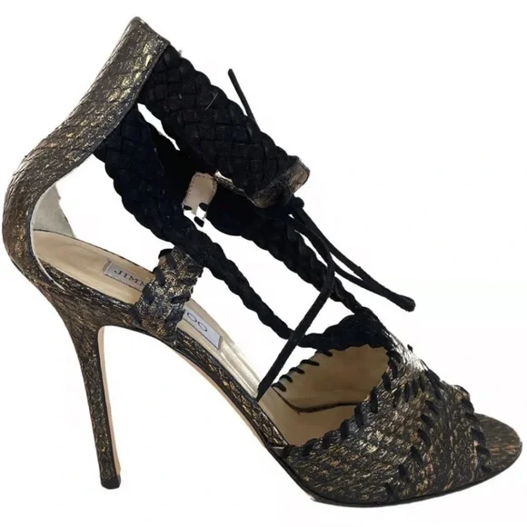 JIMMY CHOOBlack & Gold Snake Skin Print Suede Peep Toe Lace Up Heels39.5 9